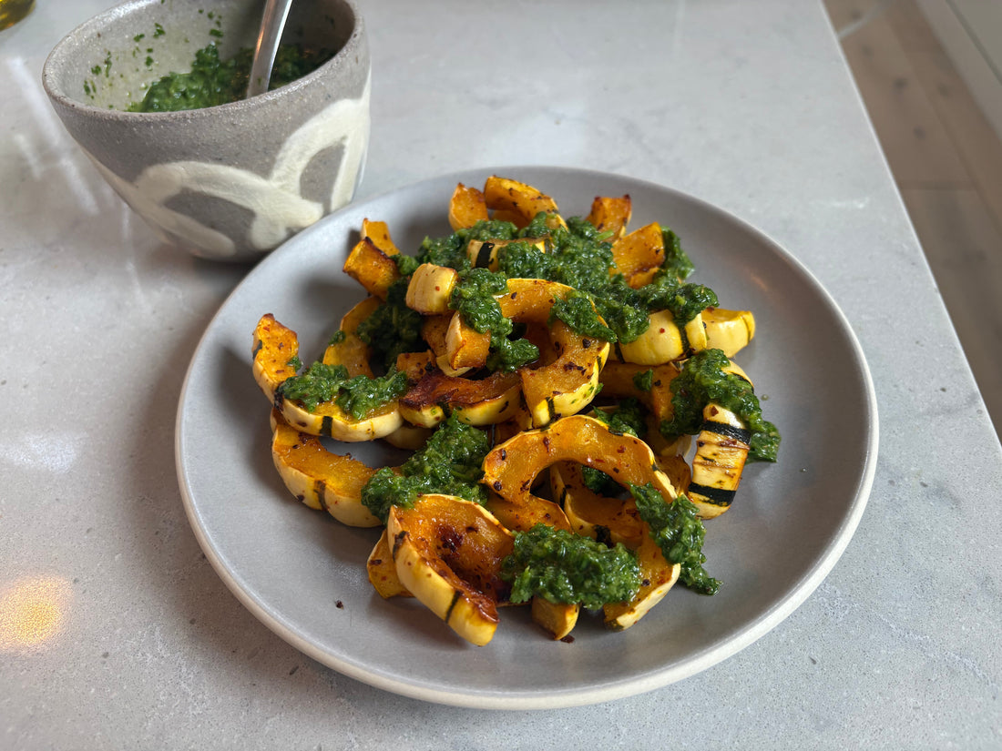 Roasted Delicata Squash and Spicy Green Sauce