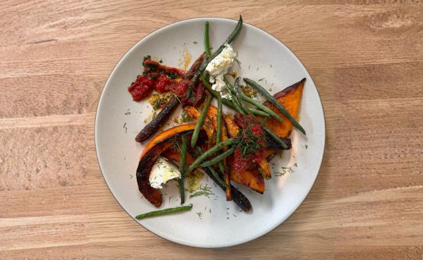 Roasted Red Kuri Squash with Spices, Tomato and Goat Cheese