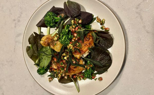Roast Chicken Thighs with Baby Red Choi, Pomegranate and Walnuts