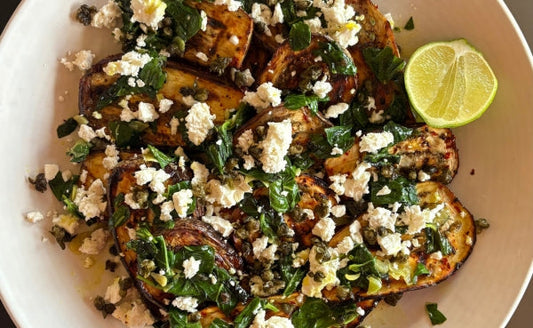 Grilled Eggplant with Feta, Turmeric-Basil Oil and Crispy Capers