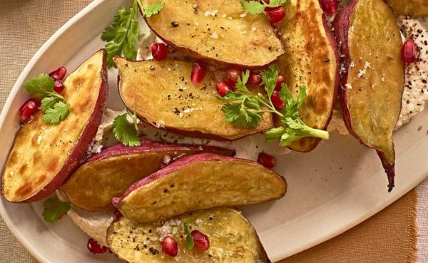 Roasted Japanese Sweet Potatoes with Tahini Sauce